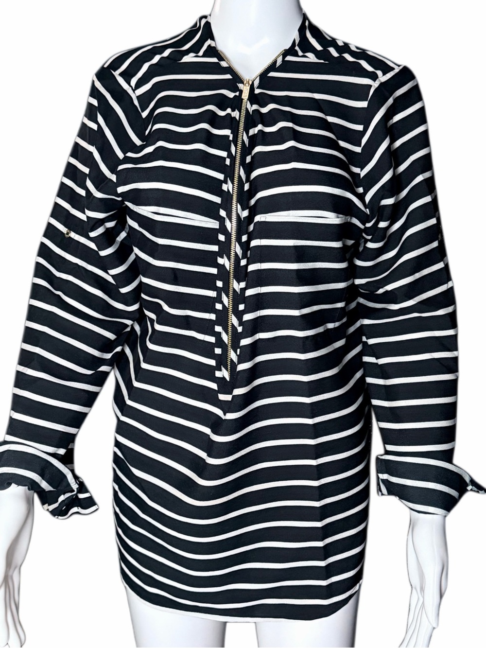 Calvin Klein Blouse Womens XL Black White Striped Zip Front Roll Sleeve Work Top